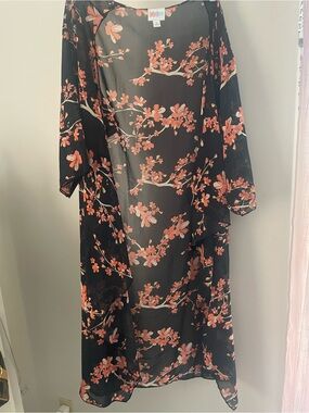Sheer Black Floral Kimono Duster with Coral Blossoms